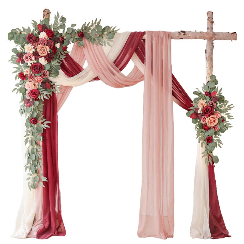 WEIERYUE Deluxe Wine Red Artificial Wedding Arch Flowers with Drapes KitPack of 5 2pcs Flower Arrangements 3pcs Hanging Valance Red Ceremony Arbor Reception Backdrop Rose Floral Decorations - Image 2