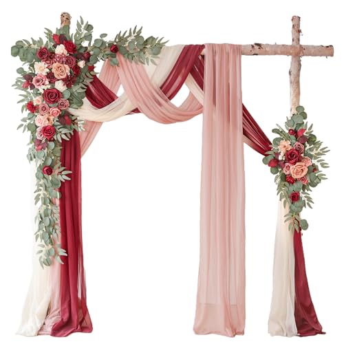 WEIERYUE Deluxe Wine Red Artificial Wedding Arch Flowers with Drapes KitPack of 5 2pcs Flower Arrangements 3pcs Hanging Valance Red Ceremony Arbor Reception Backdrop Rose Floral Decorations - Image 1