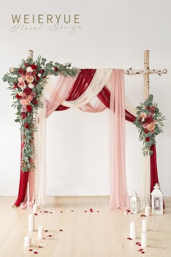WEIERYUE Deluxe Wine Red Artificial Wedding Arch Flowers with Drapes KitPack of 5 2pcs Flower Arrangements 3pcs Hanging Valance Red Ceremony Arbor Reception Backdrop Rose Floral Decorations - Image 3