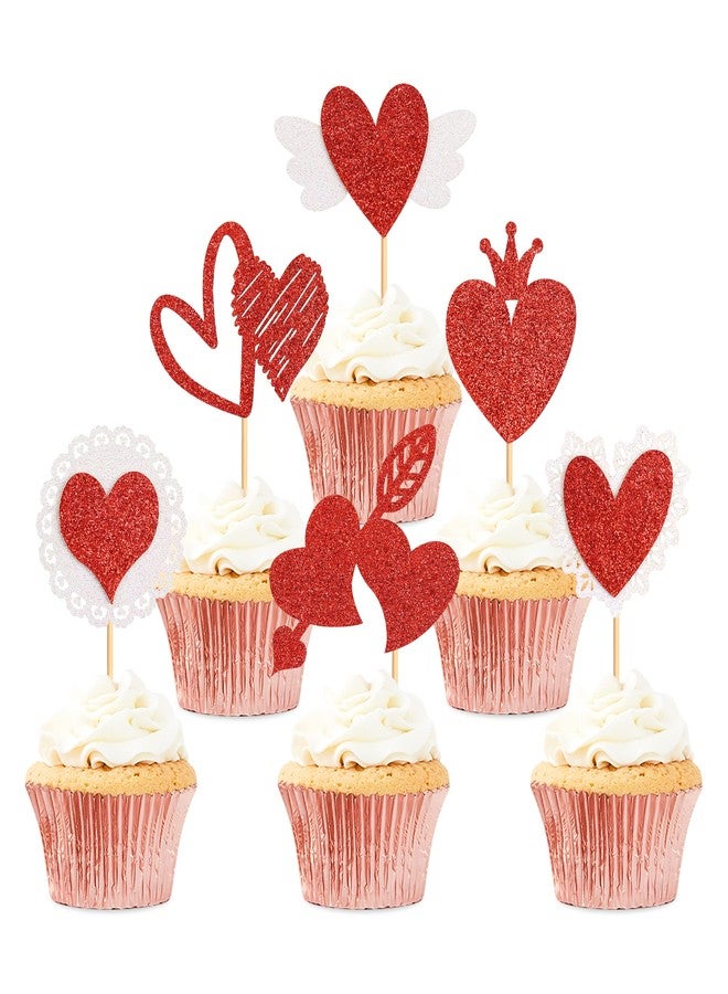 Ercadio 24 Pack Red Heart Cupcake Toppers Glitter Valentine’s Day Heart Cupcake Picks Wings Heart Cupcake Decors for Bridal Shower Engagement Party Cake Decors Supplies - Image 1