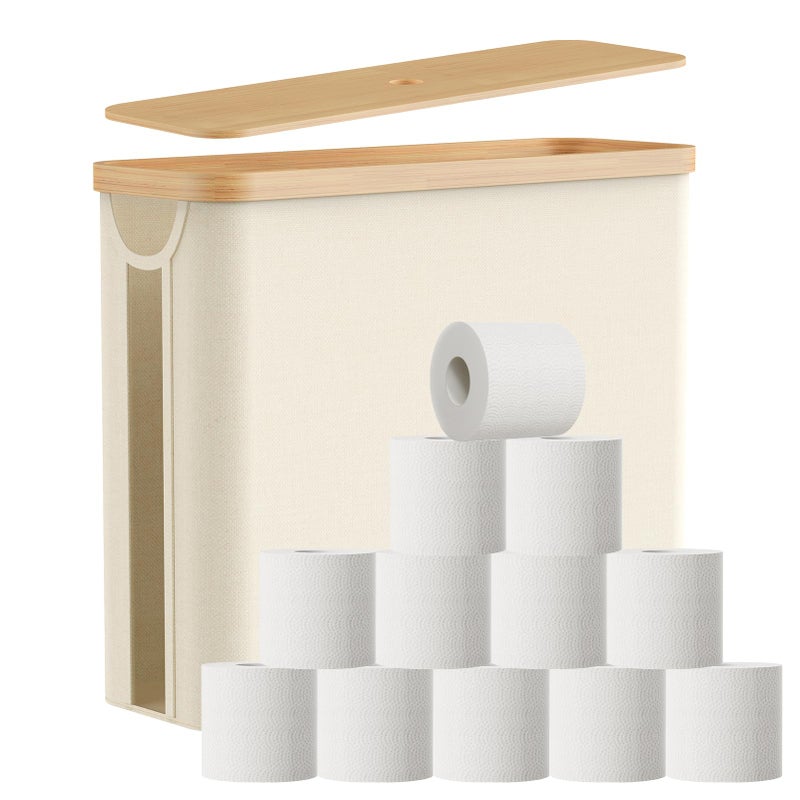 JOLLYIN Toilet Paper Storage Basket with Bamboo Lid, Toilet Paper Holder with Storage, Free Standing Bathroom Storage Organizers with Non-Slip Bottom (Beige, 1 Pack) - Image 1
