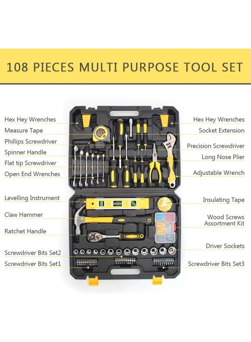 Rokis 108 Piece Automotive and Household Tool Set,small household machinery tool kit,Professional Hand Tool Kit with Toolbox for Car Repair, Home DIY, and General Maintenance (Yellow/Black) - Image 3