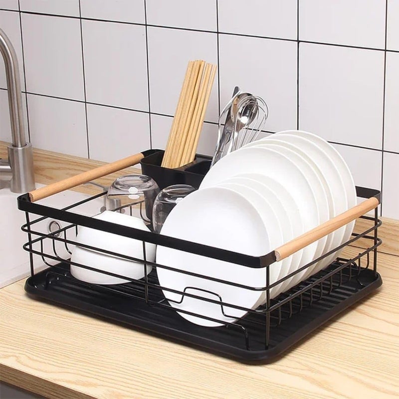Generic Dish Rack with Utensil Holder, Draining Tray and Wood Handles, .Ais