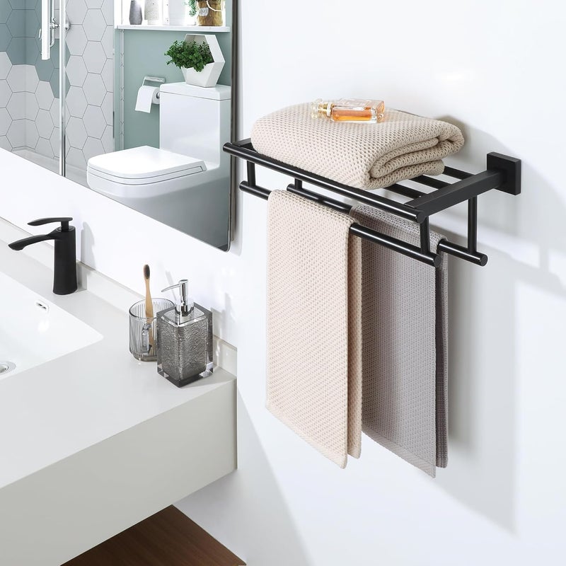 Excefore Stainless Steel Wall-Mounted Towel Rail, 16-Inch Double Bar Towel Rack Shelf Holder for Bathroom, SUS304, Black - Image 2