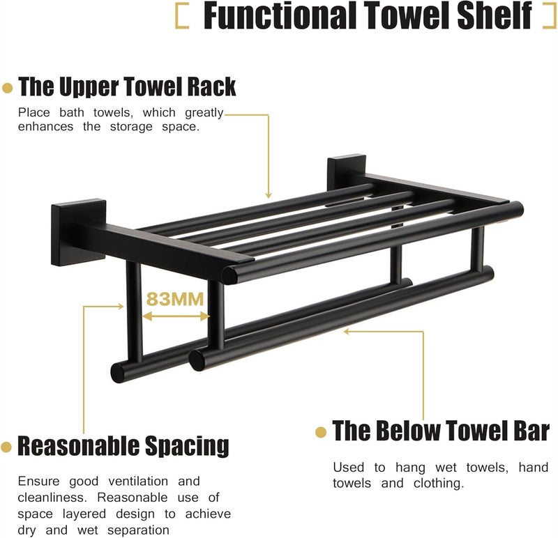 Excefore Stainless Steel Wall-Mounted Towel Rail, 16-Inch Double Bar Towel Rack Shelf Holder for Bathroom, SUS304, Black - Image 5