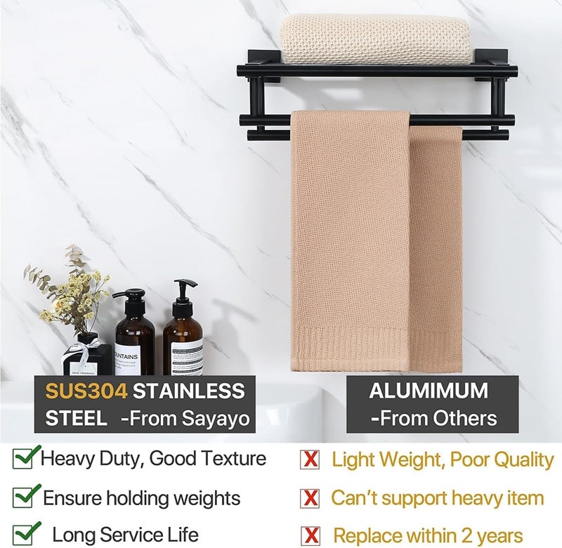 Excefore Stainless Steel Wall-Mounted Towel Rail, 16-Inch Double Bar Towel Rack Shelf Holder for Bathroom, SUS304, Black - Image 3
