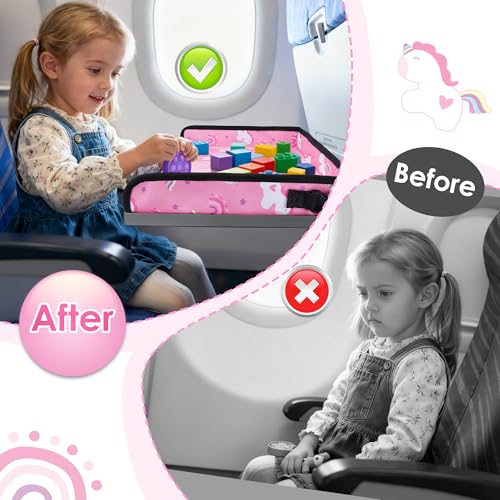 UTOLOVE Kids Travel Tray Table Cover with Pockets – Airplane Essentials for Toddlers, Portable Activity Organizer for Plane, Train Car & Highchair, Machine Washable (Pink) - Image 3