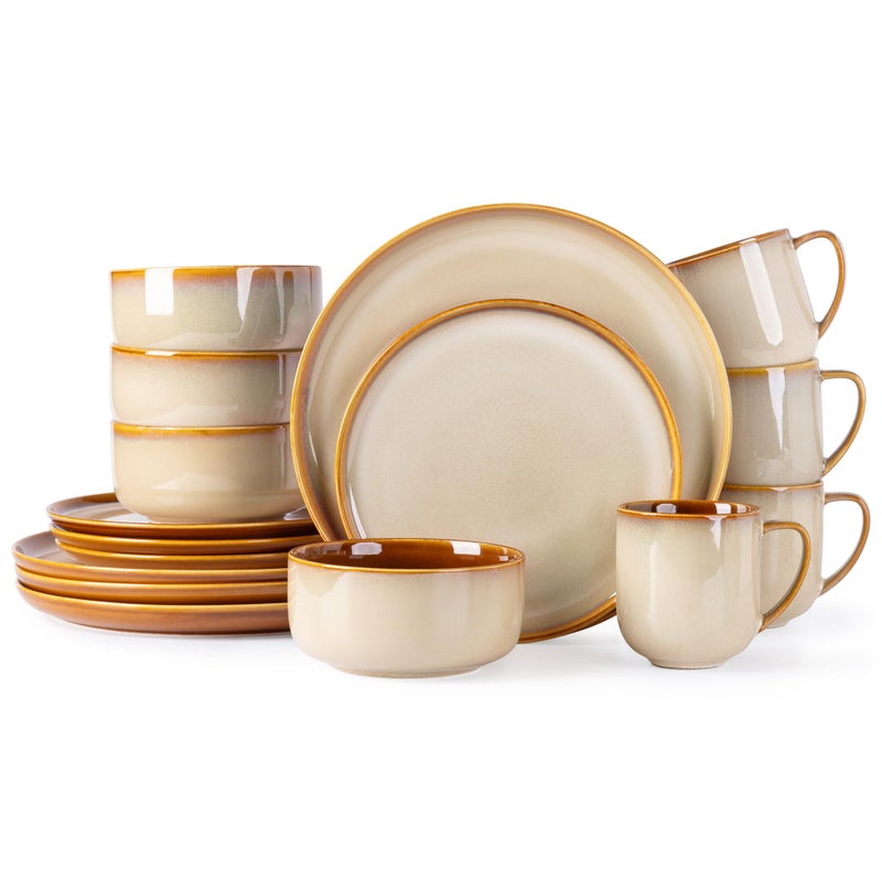 LERATIO Ceramic Dinnerware Sets for 4,16-PieceReactive Glaze Plates and Bowls Set with Mugs,Highly Chip and Crack Resistant | Dishwasher,Microwave & Oven Safe Dishes set-Kahki - Image 1