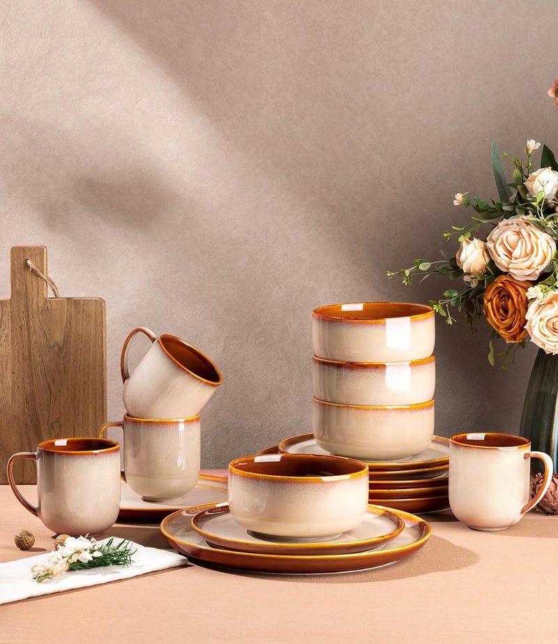 LERATIO Ceramic Dinnerware Sets for 4,16-PieceReactive Glaze Plates and Bowls Set with Mugs,Highly Chip and Crack Resistant | Dishwasher,Microwave & Oven Safe Dishes set-Kahki - Image 3