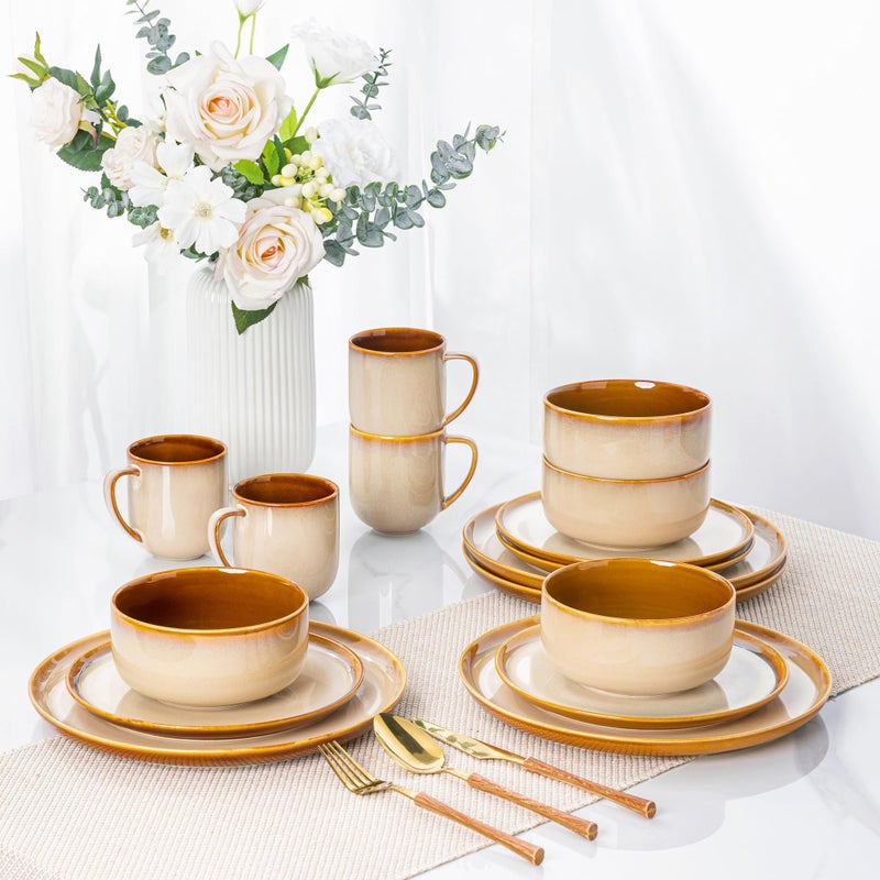 LERATIO Ceramic Dinnerware Sets for 4,16-PieceReactive Glaze Plates and Bowls Set with Mugs,Highly Chip and Crack Resistant | Dishwasher,Microwave & Oven Safe Dishes set-Kahki - Image 5
