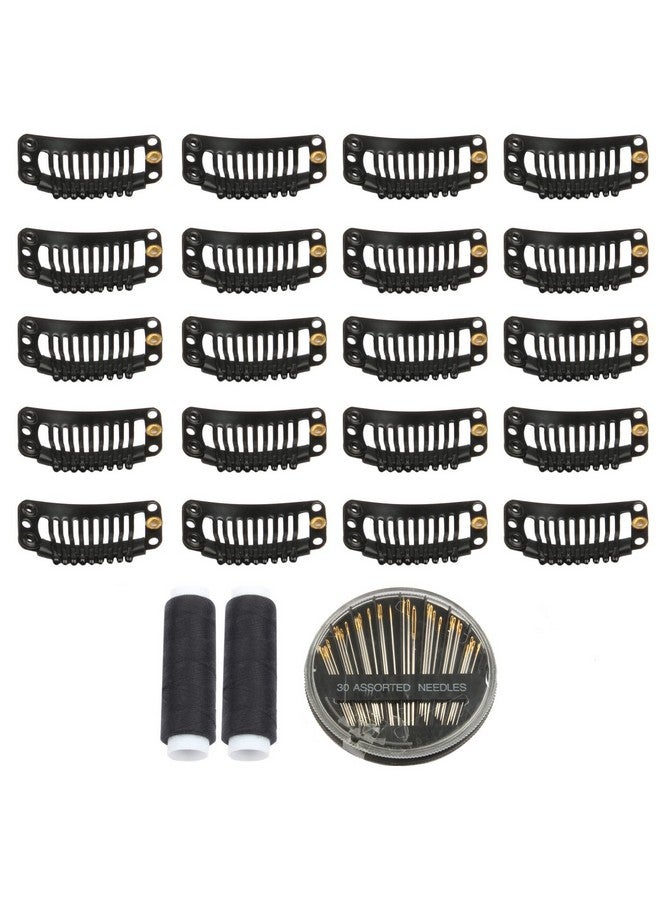 في هونج 30 قطعة من مشابك الشعر المستعار المصنوعة من الفولاذ المقاوم للصدأ ذات 9 أسنان، مشابك وصلات الشعر، مشبك ملحقات الشعر المستعار مع 30 إبرة خياطة متنوعة و2 بكرة خيط (أسود) - Image 1