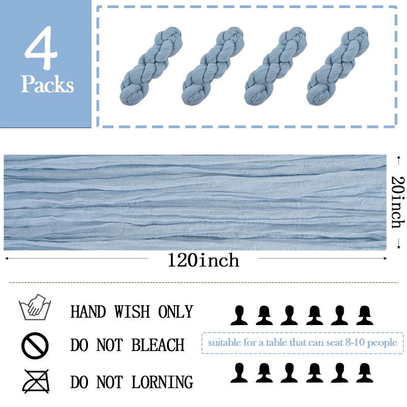 ACSUIT 4 Pack Dusty Blue Cheesecloth Table Runner 20 x 120 inch Gauze Table Runners 10 FT Long,Semi Sheer Boho Cheese Cloth Fabric Table Runner Bulk for Wedding,Party,Baby Shower,Bridal Shower Decoration - Image 2