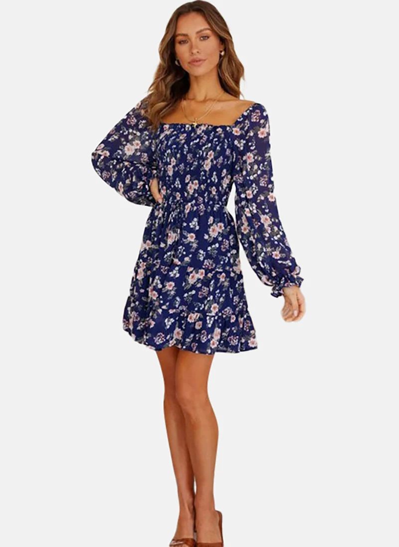 YUNIQEE Blue Floral Printed Bishop Sleeves A-Line Dress