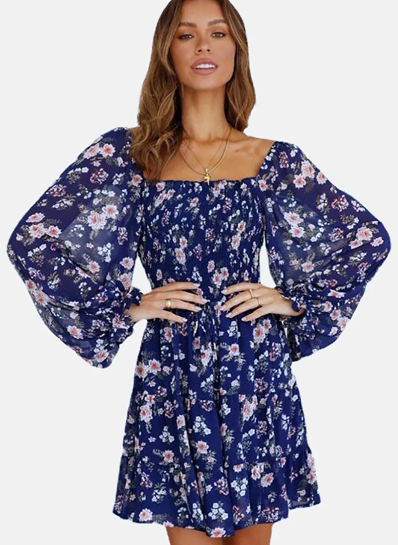 YUNIQEE Blue Floral Printed Bishop Sleeves A-Line Dress