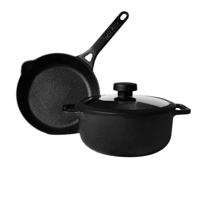 PRE- SEASONED CAST IRON 3 PIECE COOKWARE SET - 24CM FRYING PAN + 24CM DUTCH OVEN WITH INTERCHANGEABLE LID | IRON COOKWARE SET COMBO OFFER | CAST IRON INDUCTION COOKWARE FOR KITCHEN, BLACK