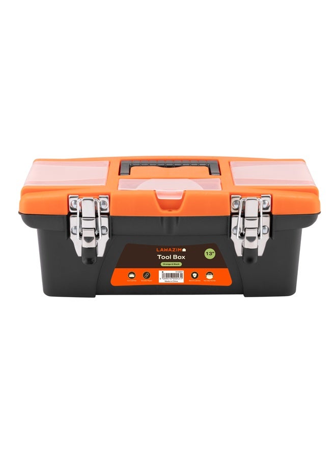 LAWAZIM Orange and Black Toolbox with Iron Latches - 13inch Durable Plastic Tool Box, Tool Organizer with Removable Tray, Carrying Handle & Top-Lid Storage for Home Repair DIY, Garage, Workshop Tools - Image 1