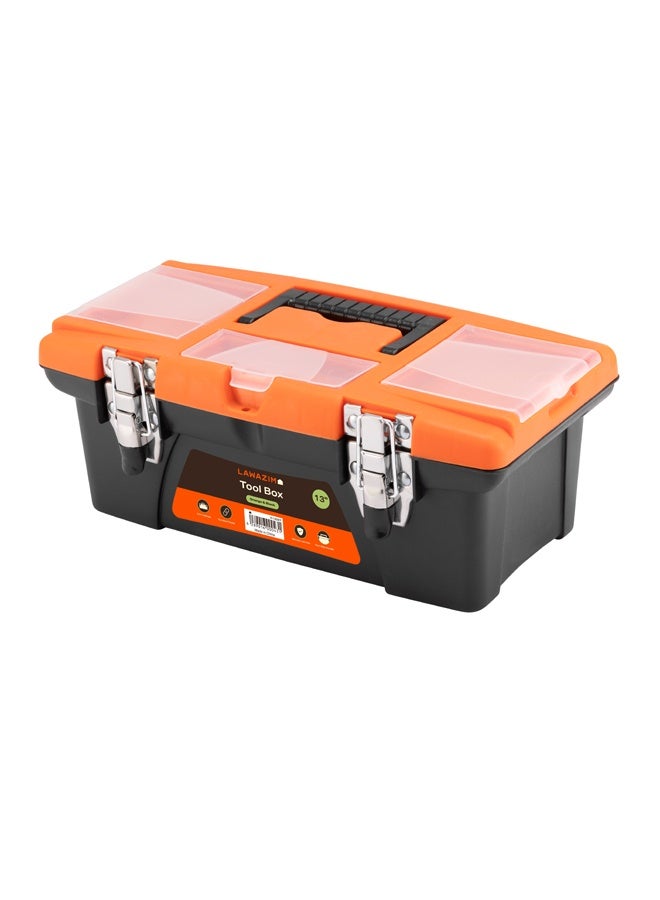 LAWAZIM Orange and Black Toolbox with Iron Latches - 13inch Durable Plastic Tool Box, Tool Organizer with Removable Tray, Carrying Handle & Top-Lid Storage for Home Repair DIY, Garage, Workshop Tools - Image 3