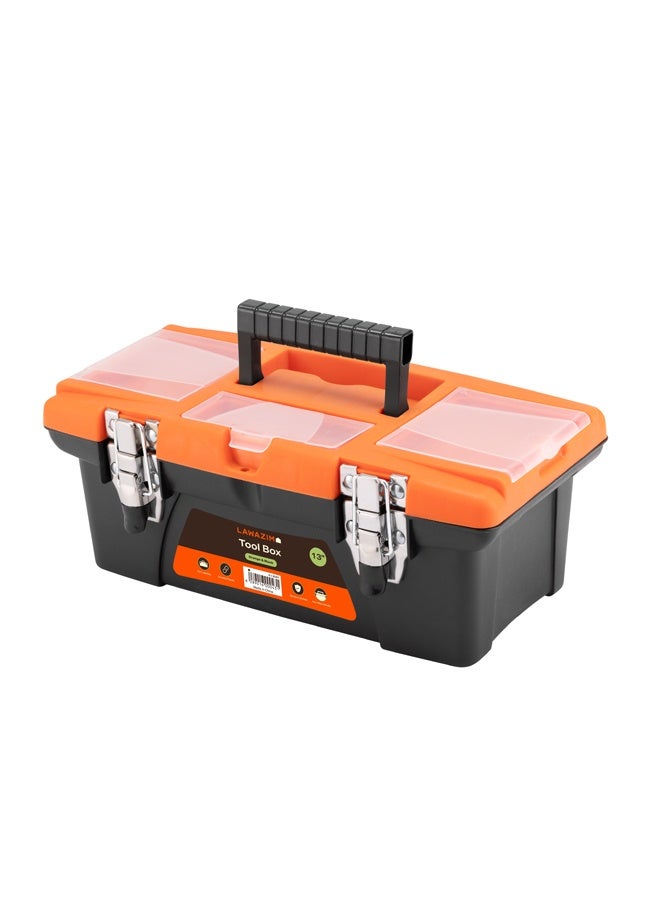 LAWAZIM Orange and Black Toolbox with Iron Latches - 13inch Durable Plastic Tool Box, Tool Organizer with Removable Tray, Carrying Handle & Top-Lid Storage for Home Repair DIY, Garage, Workshop Tools - Image 4