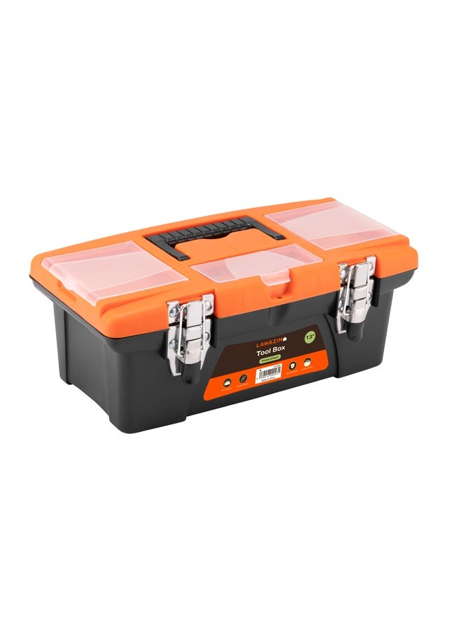 LAWAZIM Orange and Black Toolbox with Iron Latches - 13inch Durable Plastic Tool Box, Tool Organizer with Removable Tray, Carrying Handle & Top-Lid Storage for Home Repair DIY, Garage, Workshop Tools - Image 2