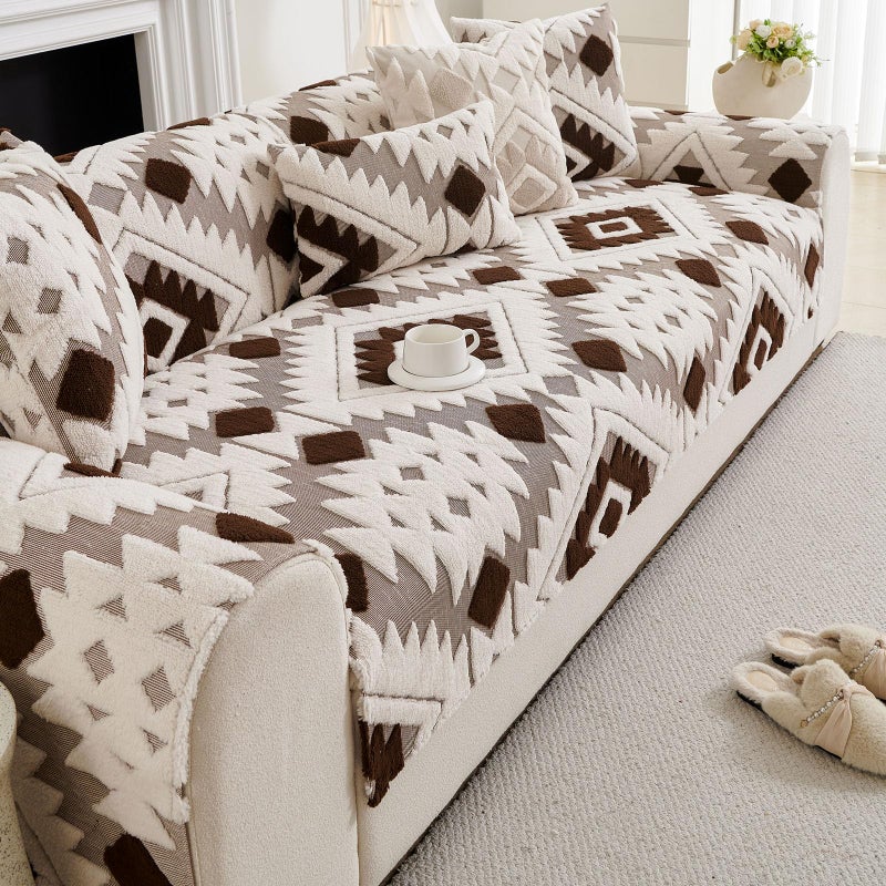 XSlive Boho Plush Couch Covers for Sofa Washable, Fuzzy Soft Couch Cover for Sectional Sofa, Non Slip Jacquard Sofa Cover Furniture Protector for Kids, Pets (Dark Coffee,28"x28") - Image 5