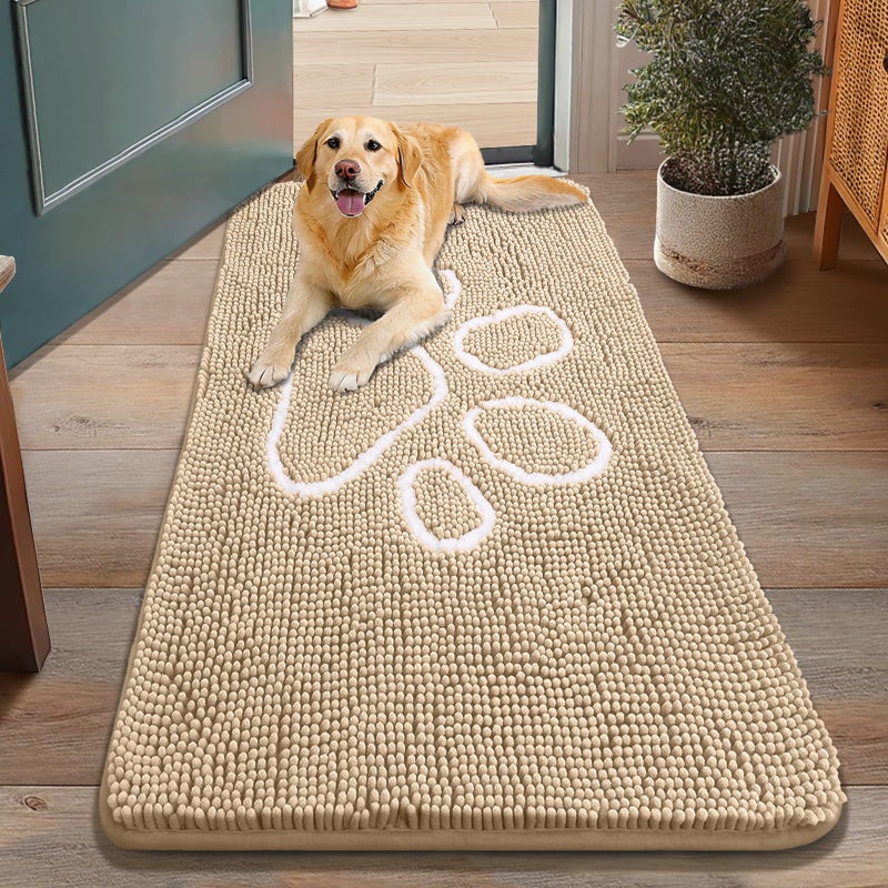 Smiry Dog Door Mat for Muddy Paws, Absorbent Dirt Trapper Non Slip Quick Dry Washable Chenille Mat for Mud Dogs, Entry Rug for Indoor and Outdoor (48x30 Inches, Beige and White) - Image 1