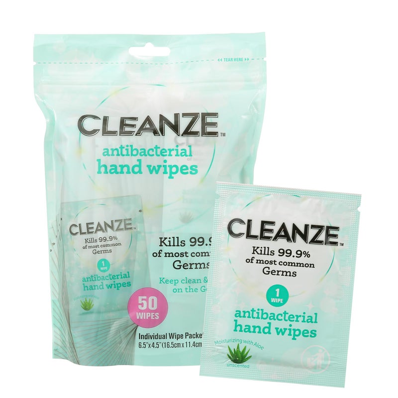Cleanze Cleanze Antibacterial Hand Sanitizing Individual Hand Wipe Packets 50 Unscented Disinfecting Hand Sanitizer Wipes with Aloe for Travel Kills 999 of Germs