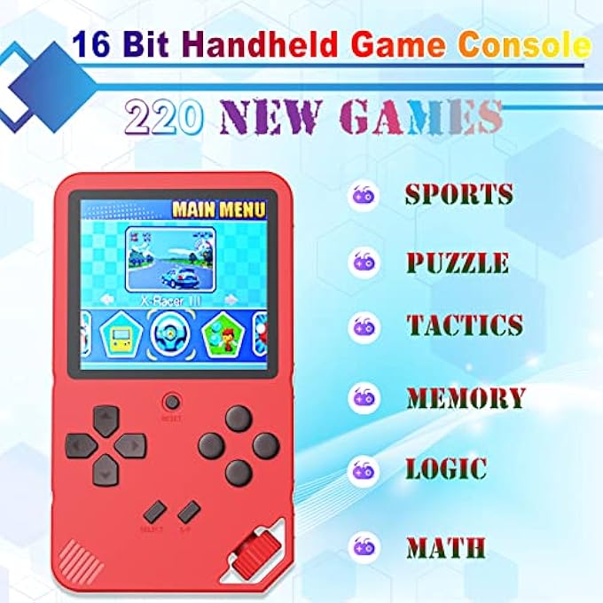 PORTABLE GAMES CONSOLE FOR CHILDREN ADULTS BUILT IN 220 WITH 16BIT EDUCATION CLASSIC VIDEO GAMES PLUG & PLAY AND 3.0 INCH LCD SYSTEM CONSOLES BIG BIRTHDAY SCREEN AND CHRISTMAS GIFT BLUE - Image 3