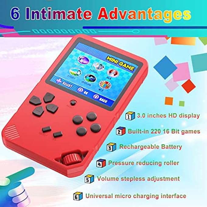 PORTABLE GAMES CONSOLE FOR CHILDREN ADULTS BUILT IN 220 WITH 16BIT EDUCATION CLASSIC VIDEO GAMES PLUG & PLAY AND 3.0 INCH LCD SYSTEM CONSOLES BIG BIRTHDAY SCREEN AND CHRISTMAS GIFT BLUE - Image 4