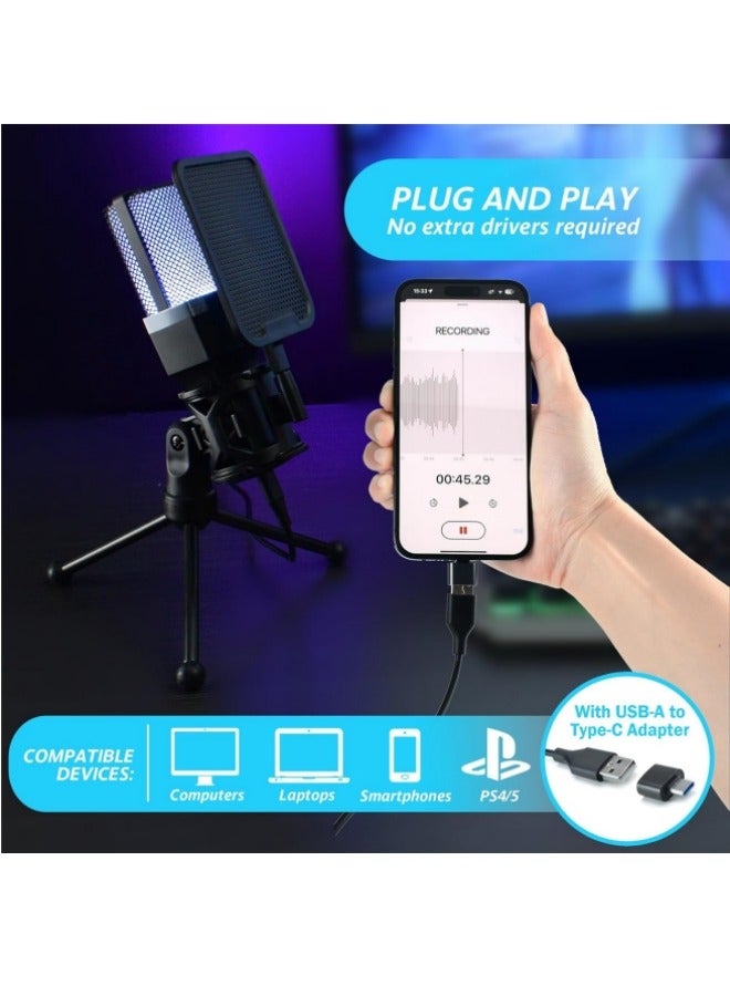 Gaming USB Microphone for PC, RGB Condenser Computer Mic with Tripod Stand, Quick Mute, Gain Control, for Gaming, Streaming, Podcasting, Recording, Cardioid Mic Kit for Laptop/PS4/PS5 TC777 Pro - Image 5
