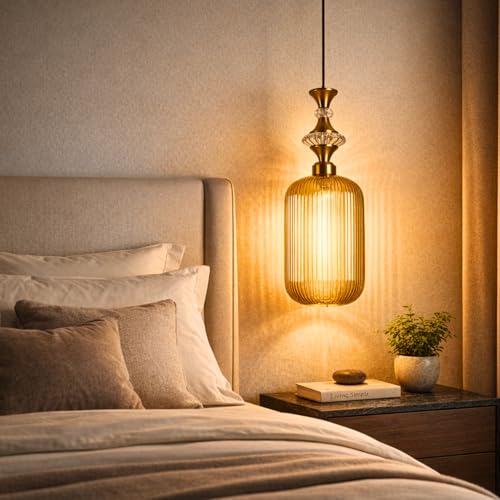 ELIANTE Vintage Hanging Pendant Light | Gold Finish Iron with Golden Glass | E27 Holder | Ceiling Light for Living Room, Bedroom & Dining | Free Bulb | 3 Years Warranty - Image 4