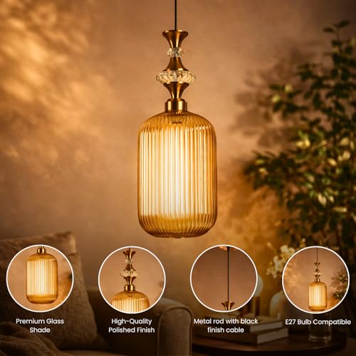 ELIANTE Vintage Hanging Pendant Light | Gold Finish Iron with Golden Glass | E27 Holder | Ceiling Light for Living Room, Bedroom & Dining | Free Bulb | 3 Years Warranty - Image 5