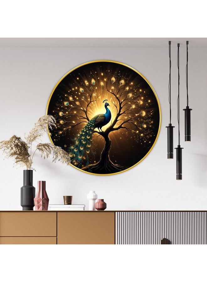SAF Large Round Peacock paintings modern art Sparkle lamination Finished Surface Golden Slim Frame 58 cm x 58 cm Large Size, For Home/Office/Hotel painting GR105A - Image 2