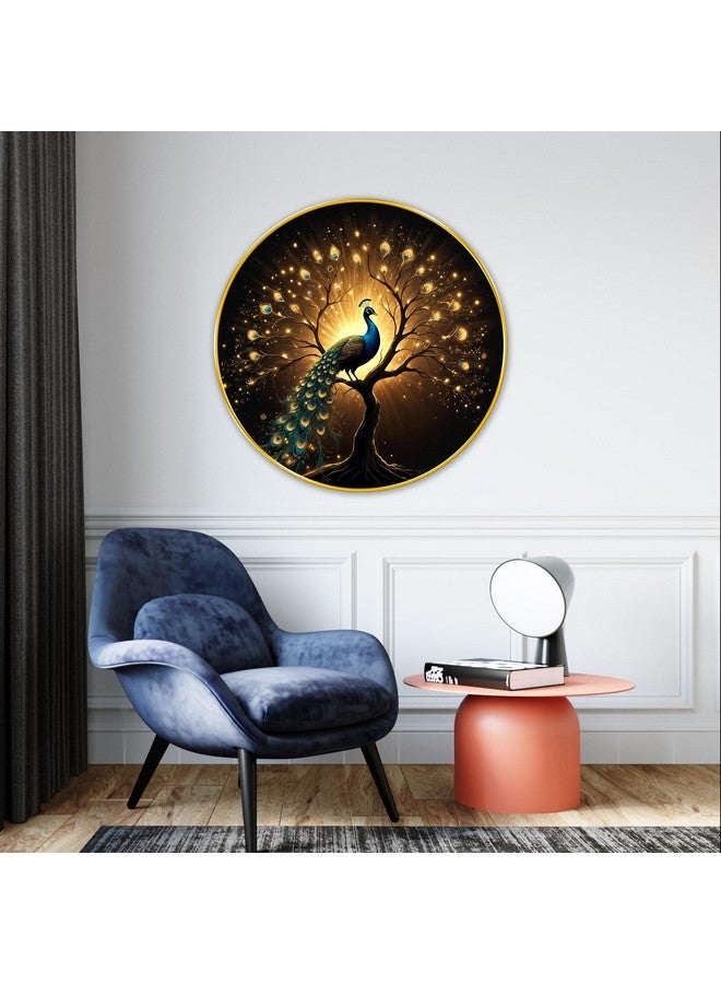 SAF Large Round Peacock paintings modern art Sparkle lamination Finished Surface Golden Slim Frame 58 cm x 58 cm Large Size, For Home/Office/Hotel painting GR105A - Image 1