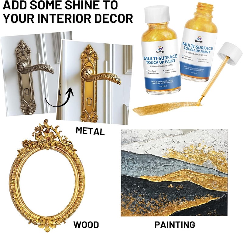 SENVEN Liquid Gold Leaf Paint High Gloss Multi Surface Rich gold Paint for Metal, Wood, Plastic, Canvas, Appliance, Furniture Scratch Repair & Art Handcrafts 30ml/1.5oz Fast Drying Acrylic Metallic - Image 3