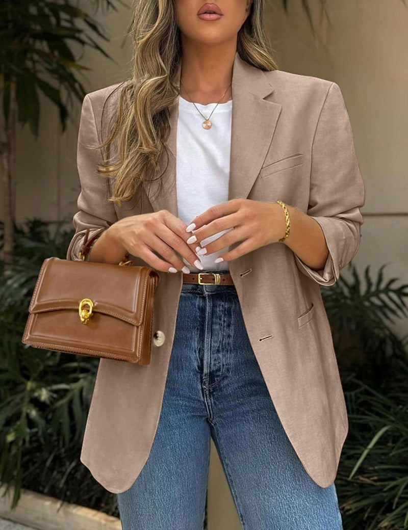 FSVABY Womens Casual Work Office Blazer Jacket Long Sleeve Lightweight Open Front Two Button Suit Blazer with Pockets (Khaki, Large) - Image 2