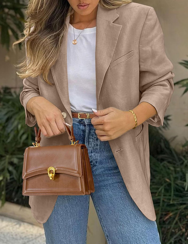 FSVABY Womens Casual Work Office Blazer Jacket Long Sleeve Lightweight Open Front Two Button Suit Blazer with Pockets (Khaki, Large) - Image 5