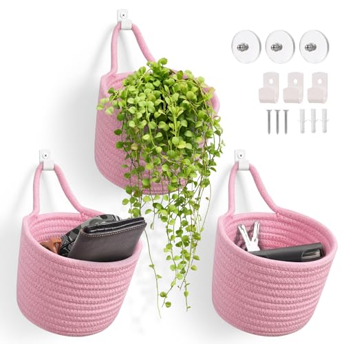 LIGHT DUST Fabric Wall Hanging Baskets - 3Pack Woven Pouchs Boho Style Wall Mounted Bag with Adhesive Hooks, Storage Organizers and Decoration Pocket Caddy Bins on Door Rack (Bright Pink & White, Large) - Image 1