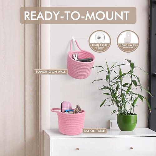 LIGHT DUST Fabric Wall Hanging Baskets - 3Pack Woven Pouchs Boho Style Wall Mounted Bag with Adhesive Hooks, Storage Organizers and Decoration Pocket Caddy Bins on Door Rack (Bright Pink & White, Large) - Image 4