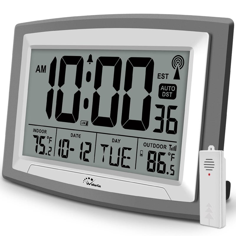 WallarGe Atomic Clock with Outdoor and Indoor Temperature 125 Inch SelfSetting Digital Clock Large Display Battery Operated Wall Clocks or Desk Clocks for Bedroom Livingroom Office