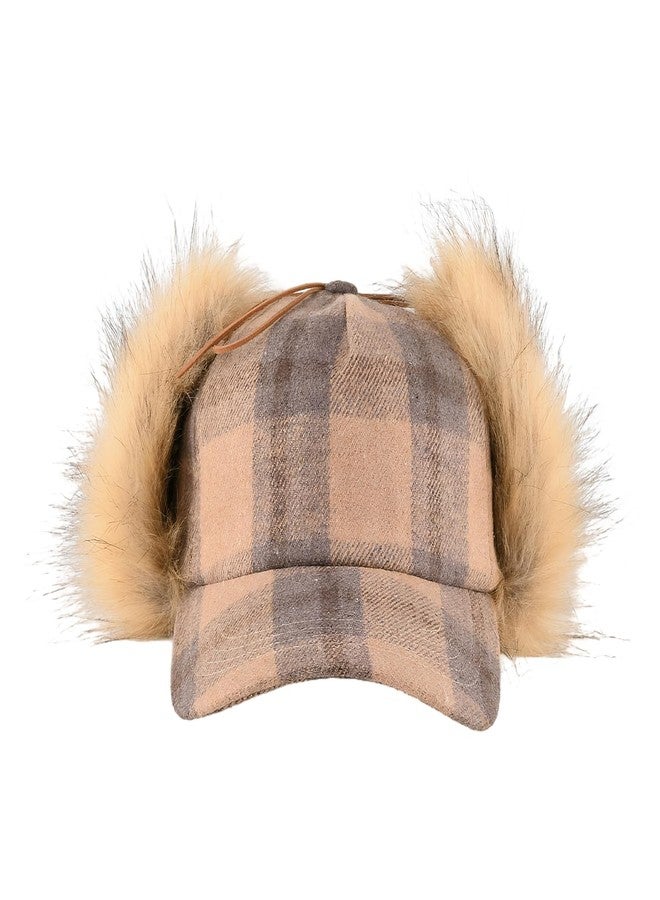 PURFUN Winter Windproof Warm Baseball Cap with Fuzzy Faux Fur Ear Flaps, Men Women Classic Tartan Large Brim Visor Ski Cap Running Cycling Camping Hunting Trapper Hat Balaclava Ushanka Russian Hat Khaki - Image 4