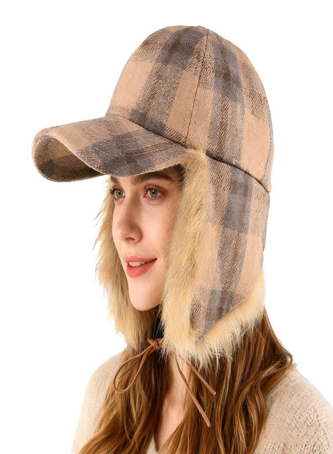 PURFUN Winter Windproof Warm Baseball Cap with Fuzzy Faux Fur Ear Flaps, Men Women Classic Tartan Large Brim Visor Ski Cap Running Cycling Camping Hunting Trapper Hat Balaclava Ushanka Russian Hat Khaki - Image 3
