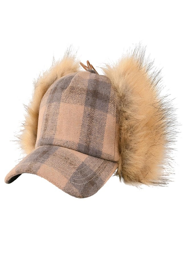 PURFUN Winter Windproof Warm Baseball Cap with Fuzzy Faux Fur Ear Flaps, Men Women Classic Tartan Large Brim Visor Ski Cap Running Cycling Camping Hunting Trapper Hat Balaclava Ushanka Russian Hat Khaki - Image 2