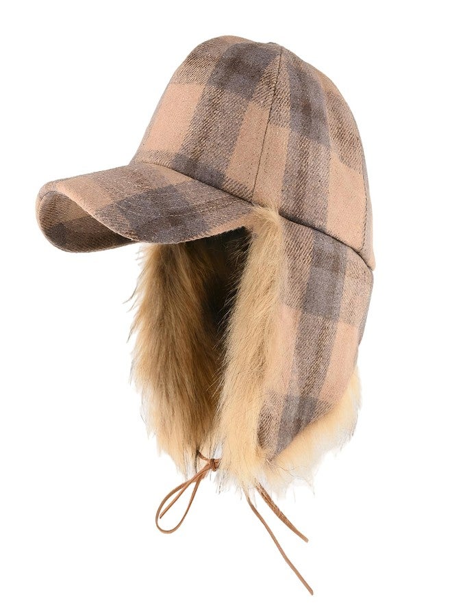 PURFUN Winter Windproof Warm Baseball Cap with Fuzzy Faux Fur Ear Flaps, Men Women Classic Tartan Large Brim Visor Ski Cap Running Cycling Camping Hunting Trapper Hat Balaclava Ushanka Russian Hat Khaki - Image 1