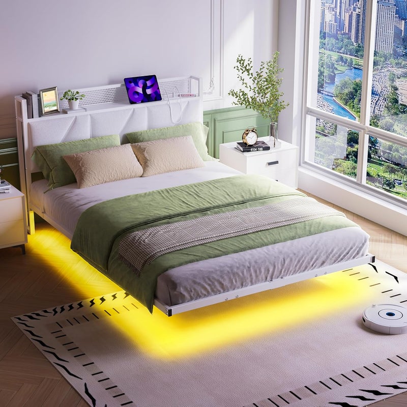 إطار سرير مزدوج عائم مع أضواء LED ومحطة شحن USB، إطار سرير مزدوج معدني منصة مقاس 135x190 سم مع لوح رأس مخملي تخزين أبيض مقاس 4 أقدام و6 بوصات، شرائح معدنية متينة، خالٍ من الضوضاء - Image 3
