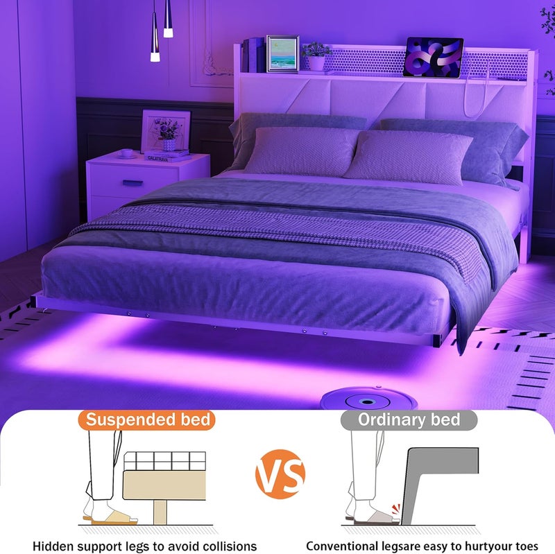 إطار سرير مزدوج عائم مع أضواء LED ومحطة شحن USB، إطار سرير مزدوج معدني منصة مقاس 135x190 سم مع لوح رأس مخملي تخزين أبيض مقاس 4 أقدام و6 بوصات، شرائح معدنية متينة، خالٍ من الضوضاء - Image 5