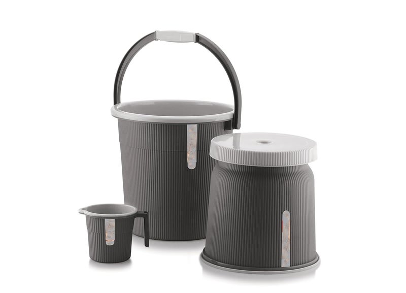 Nabhya Combo of 3 pcs Bathroom Accessories Set Plastic Bathroom Set with 20Ltr Plastic Bucket Small Mug and Big Stool for Home Kitchen Bathroom Black - Image 1
