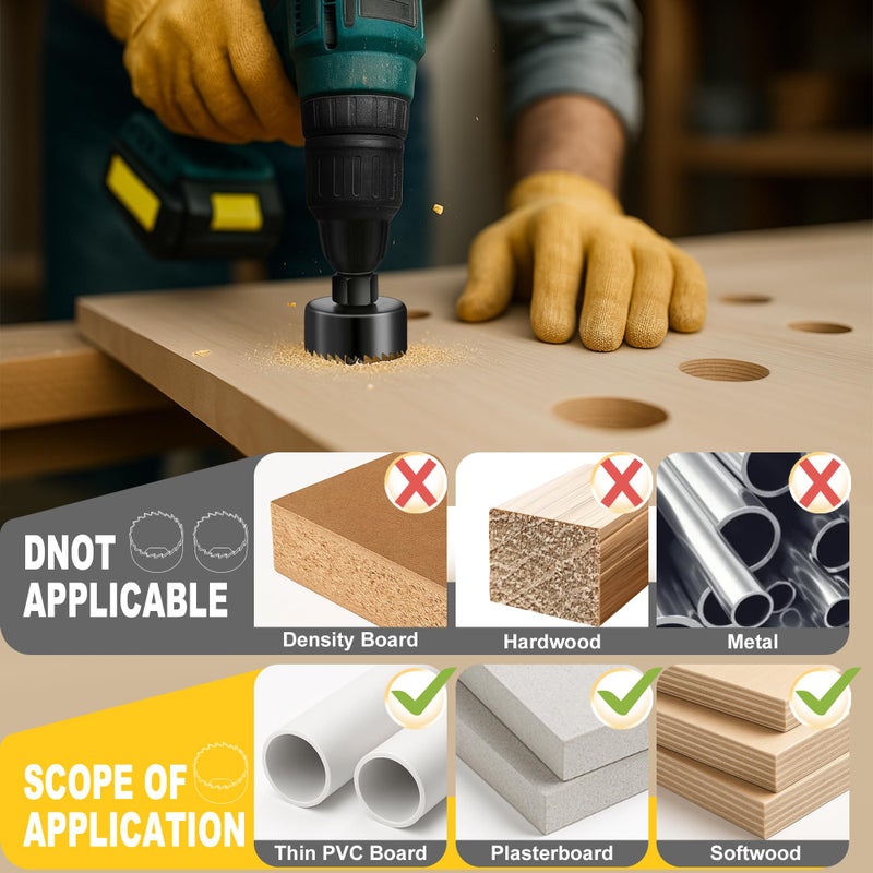SkyStage 6PCS Hole Saw Kit, Hole Saw Set Includes 4 Sizes 1-1/4" to 2-1/8"(32-54mm), Mandrels and Hex Keyï¼ŒHigh Quality Hard Carbon Steel Hole Saw for Soft Wood, PVC Board, Plywood - Image 3
