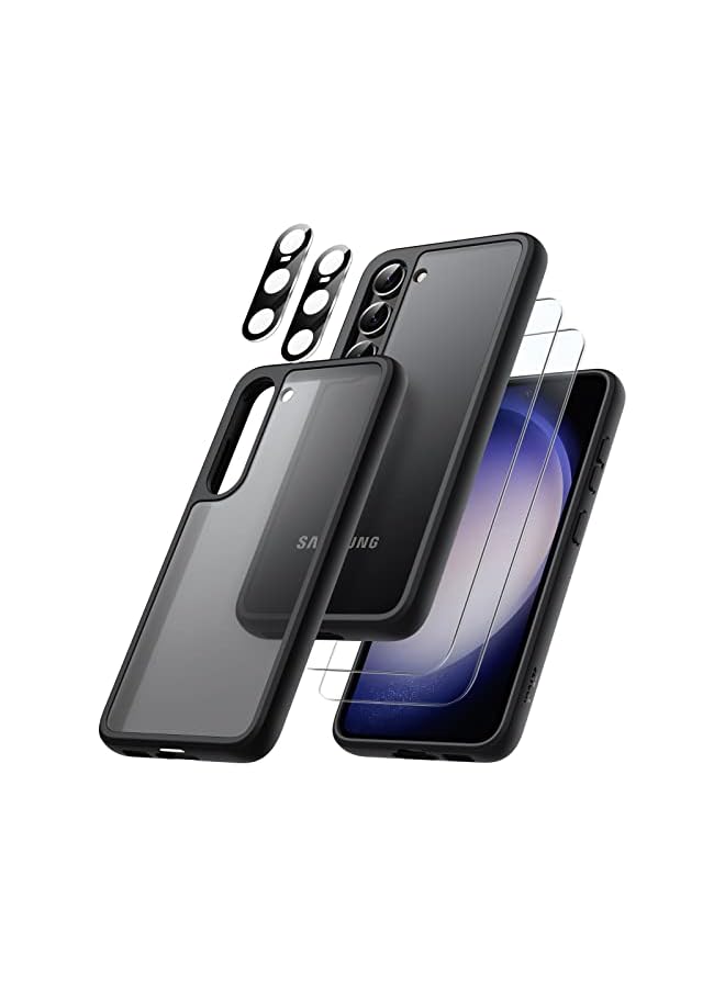 JETech 5 in 1 Matte Case for Samsung Galaxy S23 5G 6.1-Inch with 2 Screen Protector and 2 Camera Lens Protector, Translucent Back Protective Phone Cover, Tempered Glass Film (Black) - Image 1