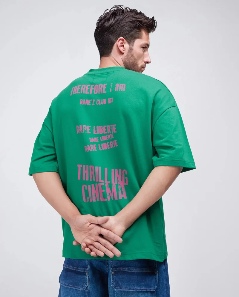 Rare Rabbit Rare Rabbit Men Moshe Green Cotton Fabric Short Sleeve Oversized Fit Graphic Printed T-Shirt