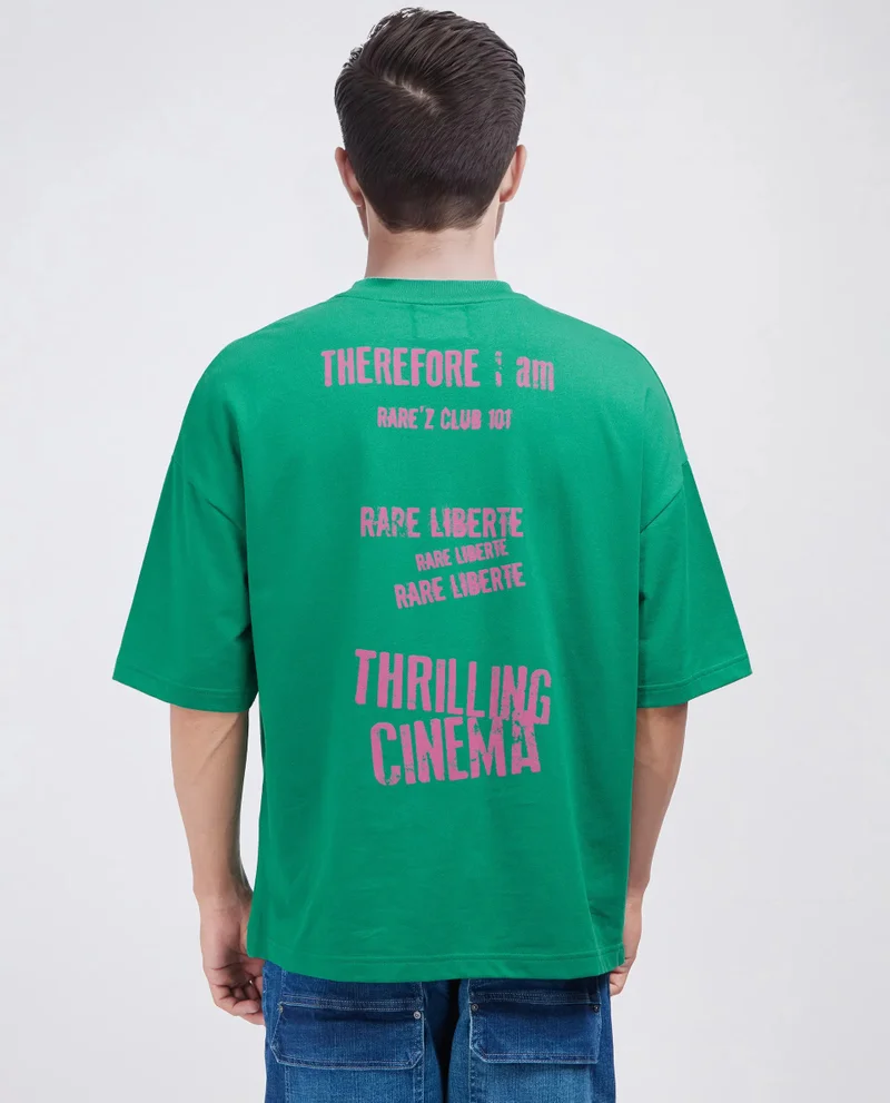 Rare Rabbit Rare Rabbit Men Moshe Green Cotton Fabric Short Sleeve Oversized Fit Graphic Printed T-Shirt